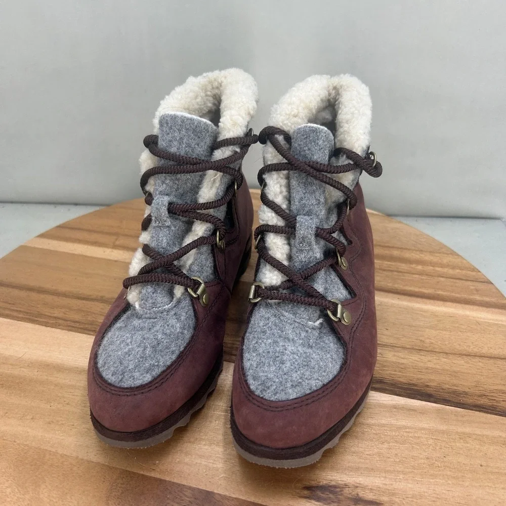 Sorel Ainsley Conquest Boots Womens 6.5 Burgundy Leather Felt NL3287-908